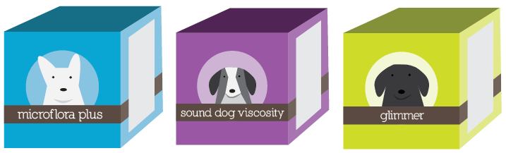 cartoon boxes of Microflora Plus, Sound Dog Viscosity, and Glimmer