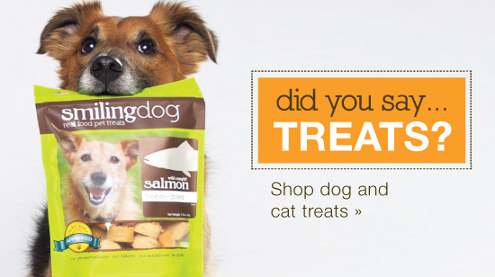 did you say treats call to action, with our dog holding his bag of treats of dog supplements with salmon.